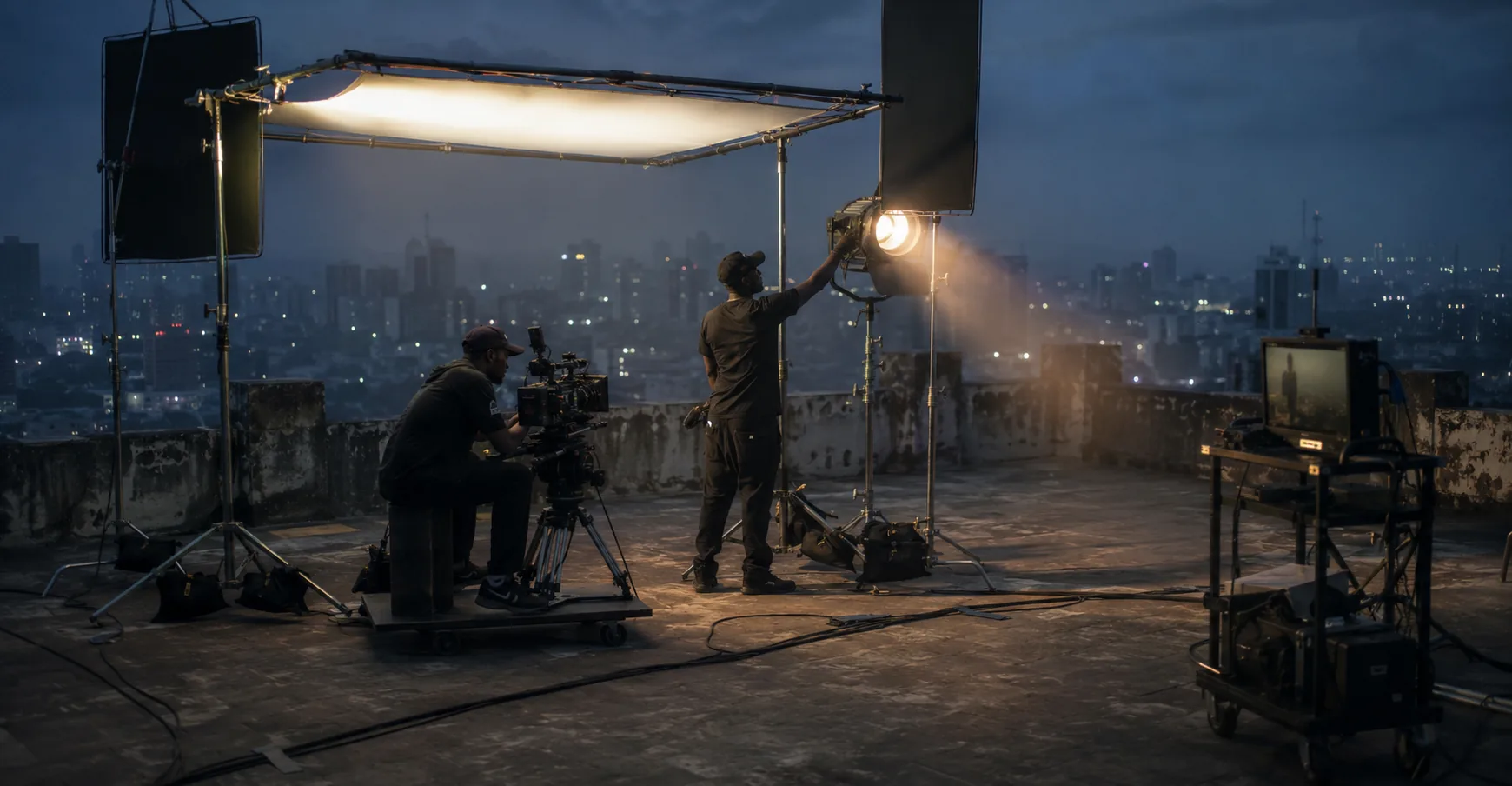 A film crew on a rooftop at night: a camera operator at a dolly, a gaffer adjusting a lamp, lighting frames and a monitor cart, with a city skyline behind.