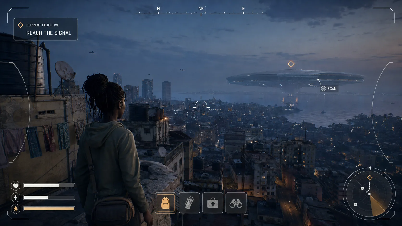 A game scene: a character on a rooftop overlooking a coastal African city, with on-screen objective and status indicators.